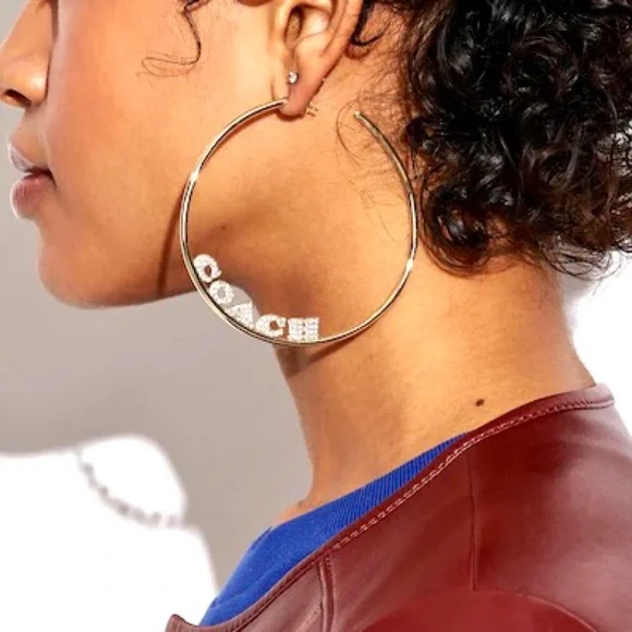 NWT COACH Gold Pave Large Logo Hoop Earrings - Picture 6 of 7